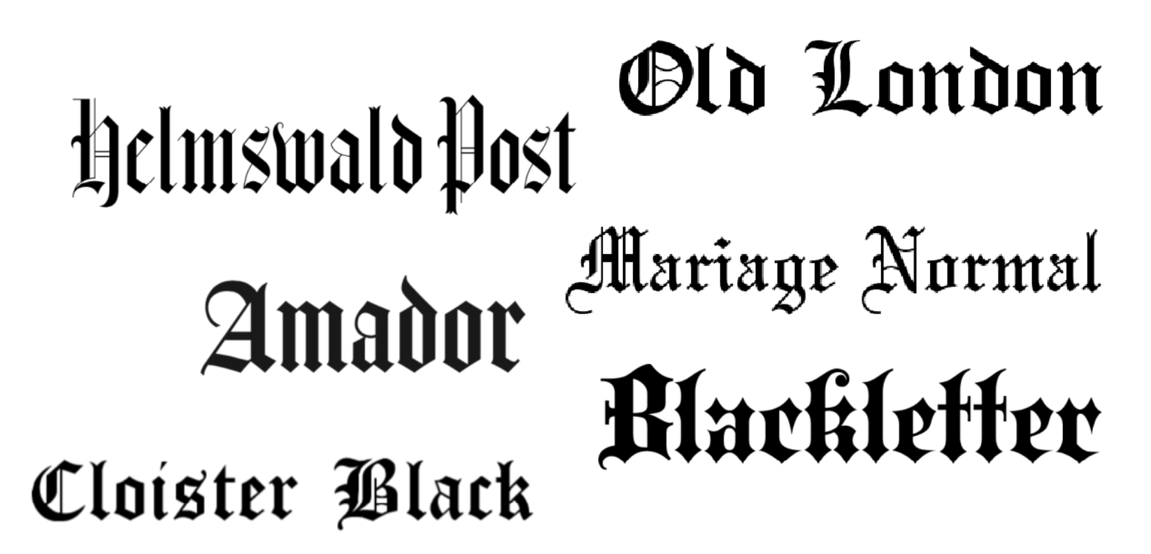 Examples of fonts within the Old English family